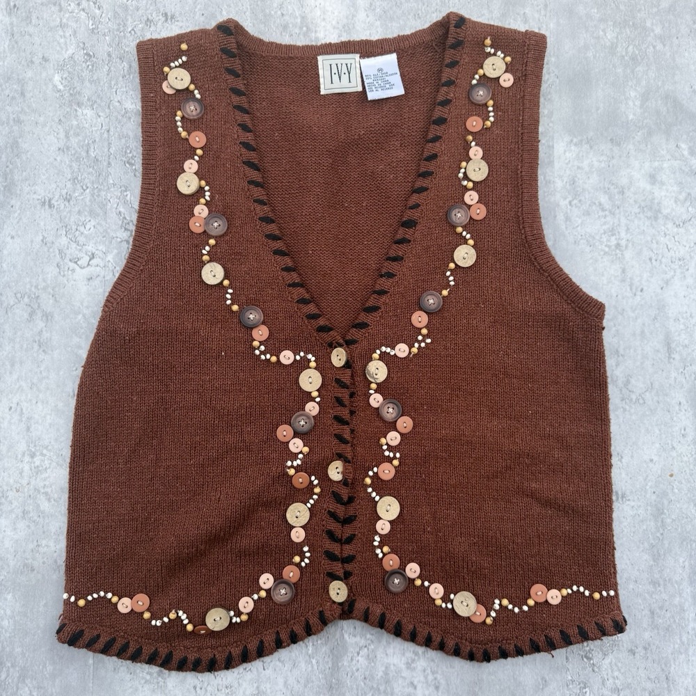 Vintage IVY Knit Vest Silk Cotton Button Beading Rust Orange Cottage Core Boho M
